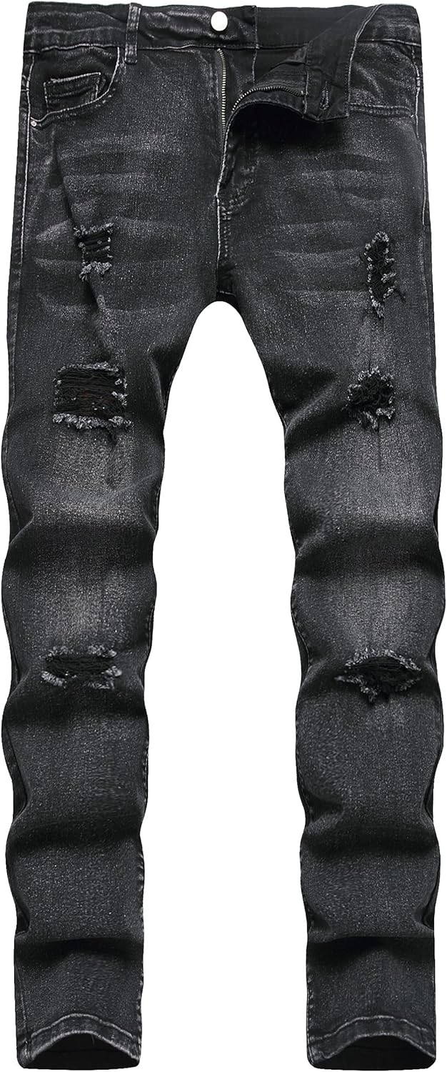 Men's Slim Fit Stretch Jeans Ripped Distressed Straight Leg Fashion Black Pants