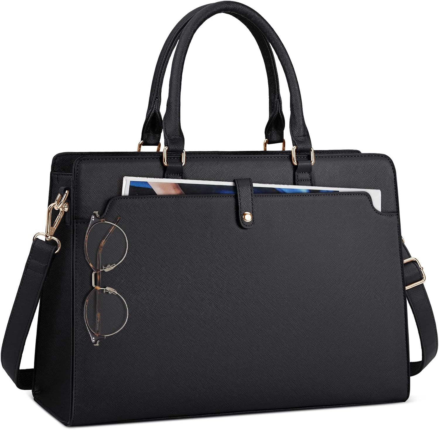 RAINSMORE Laptop Bag for Women 15.6 Inch Laptop Tote Bag Leather Work Bag Waterproof Womens Briefcase Business Office Computer Tote Bag Large Capacity Handbag Shoulder Bag Black