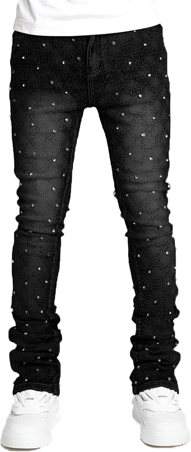 Rhinestone Skinny Stacked Jeans Mens Straight Leg Jeans Casual Pants Slim Fit Jeans Vintage Grunge Hip Hop Pants