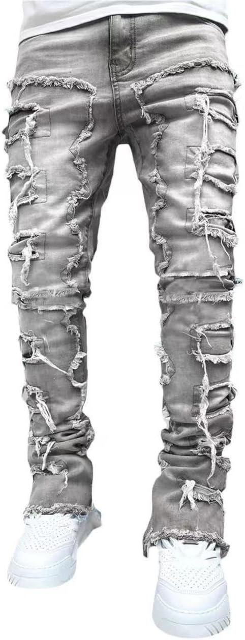 Stacked Jeans Men Skinny Ripped Jeans Slim Fit Denim Pants Y2K Goth Harajuku Emo Jeans Trouser